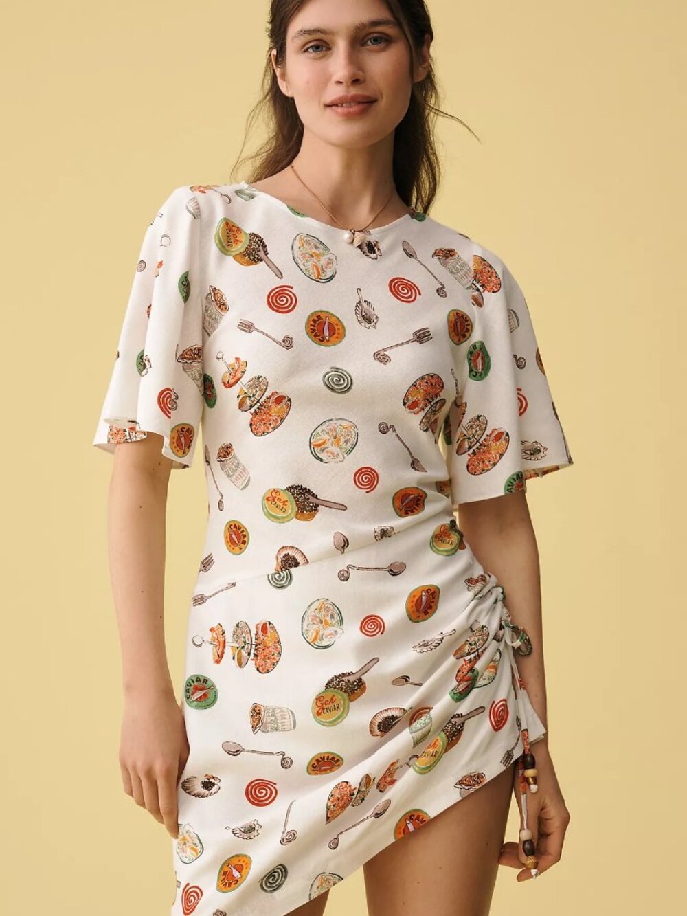 Lisa Says Gah Belle Mini Dress Caviar Dreams Novelty Print Ruched | Size S